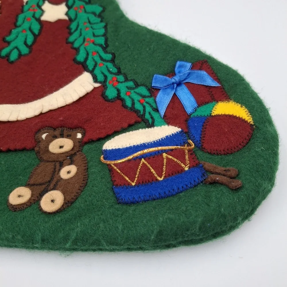 Vintage Santa Claus Embroidered Felt Applique Christmas Stocking 3-D 18